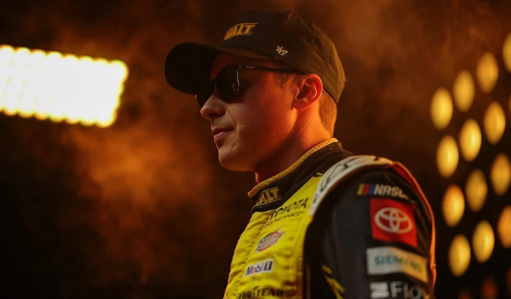 Toyota driver in a yellow and black firesuit under the pre race lights