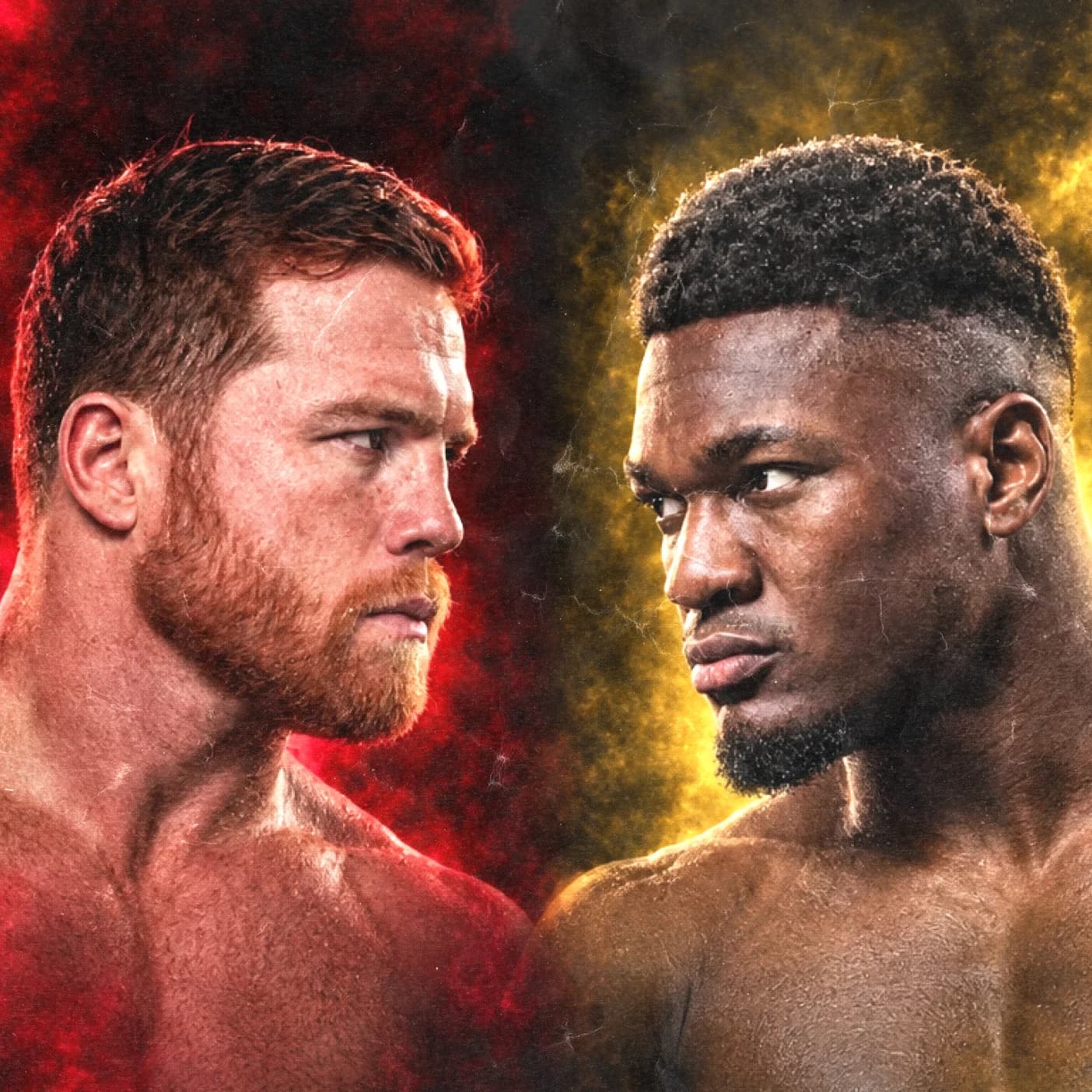 Canelo Alvarez and Christian Mbilli face off nose to nose in a fight graphic.