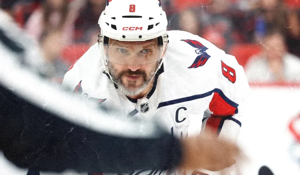 Alex Ovechkin lines up for a faceoff in his Washington Capitals jersey