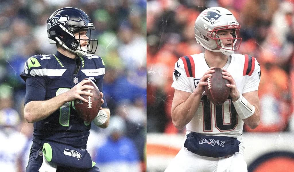 Seattle Seahawks and New England Patriots quarterbacks drop back to pass in a side-by-side matchup image