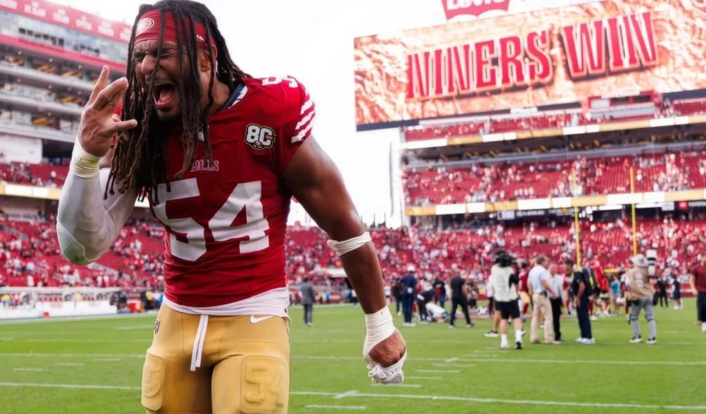 San Francisco 49ers linebacker Fred Warner celebrates a home win
